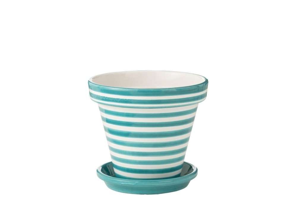 FLOWERPOT+PLATE GRANADA STRIPES HANDMADE/HANDPAINTED CERAMIC AQUA/WHITE LARGE