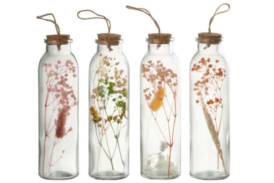 HANGING BOTTLES COLOURFUL DRIED FLOWERS GLASS MIX MEDIUM ASSORTMENT OF 4