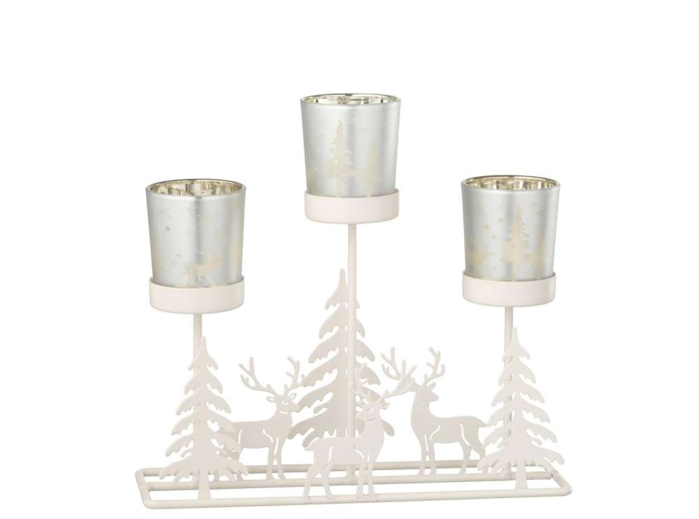 TEALIGHT HOLDER WINTER 3 GLASSES IRON WHITE/RED