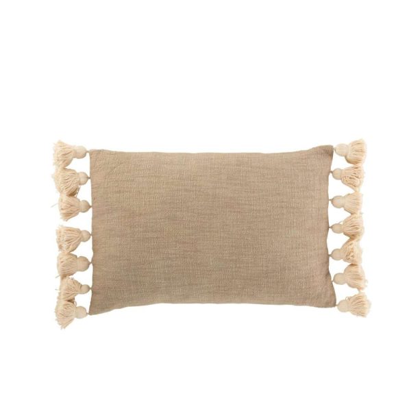 CUSHION RECTANGLE POMPOM COTTON POLYESTER TAUPE