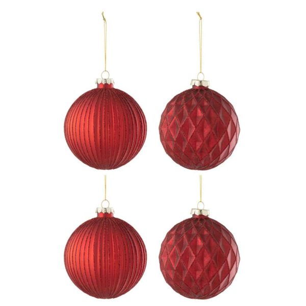 BOX OF 4 CHRISTMAS BAUBLE 2+2 RIBBED/ RHOMBUS GLASS RED LARGE