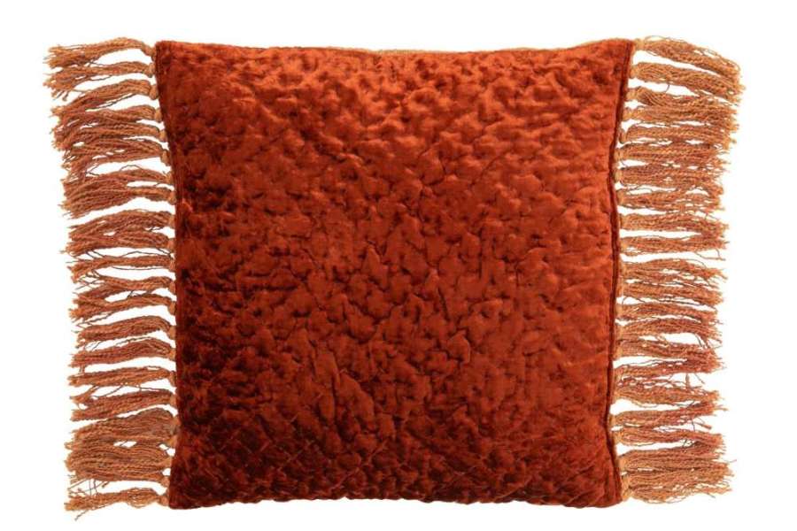 CUSHION SHINY EMBOSSED+FRINGES VISCOSE/COTTON COPPER