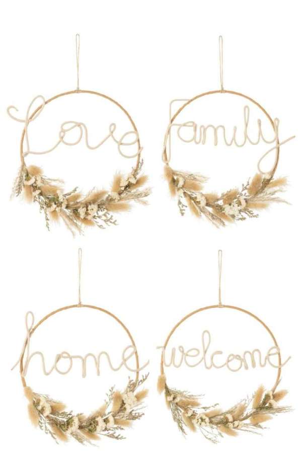 HANGING WREATH WITH WORDS DRIED FLOWERS NATURAL ASSORTMENT OF 4