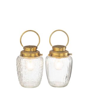 LANTERNS LED GLASS/METAL GOLD ASSORTMENT OF 2