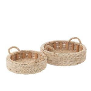 SET OF 2 TRAY ROUND CORN HUSK/PLYWOOD NATURAL