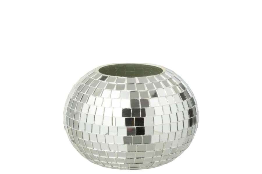 CANDLE HOLDER BALL MOSAIC GLASS SILVER COLORED