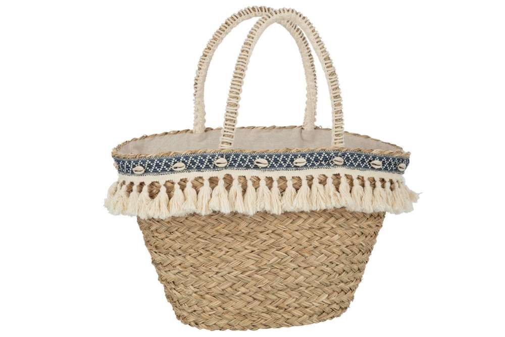 BEACH BAG TASSELS+SHELLS SEAGRASS NATURAL/BLUE