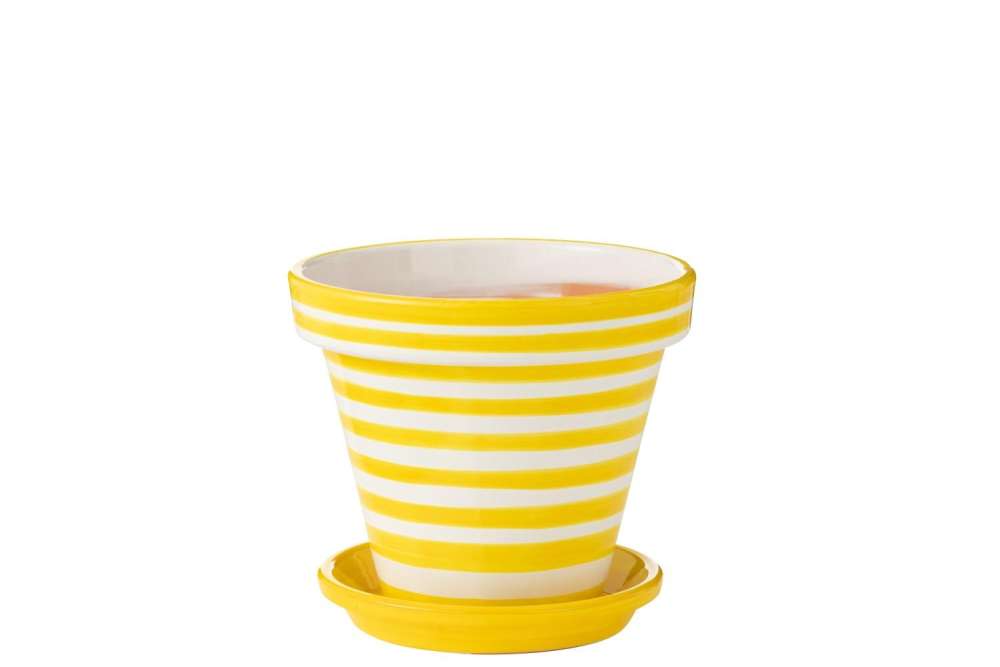 FLOWERPOT+PLATE GRANADA STRIPES HANDMADE/HANDPAINTED CERAMIC YELLOW/WHITE LARGE