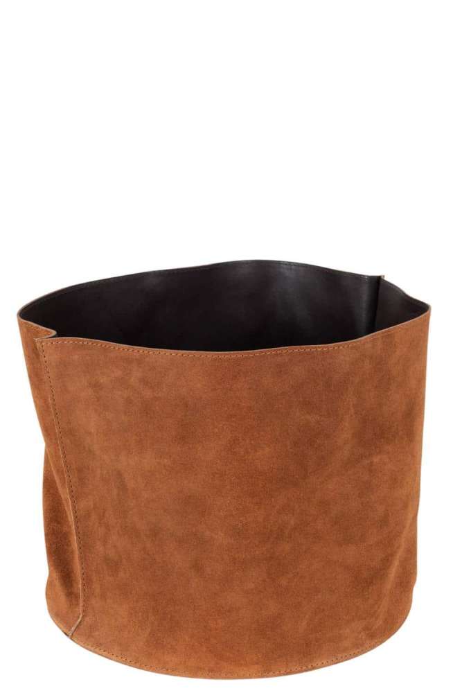 STORAGE BASKET ROUND LOW LEATHER COGNAC