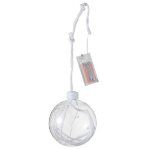 CHRISTMAS BAUBLE BALL+ROPE+LED GLASS CLEAR WHITE LARGE