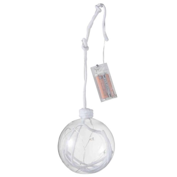 CHRISTMAS BAUBLE BALL+ROPE+LED GLASS CLEAR WHITE LARGE