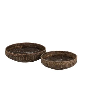 SET OF 2 DISHES ROUND RATTAN BLACK