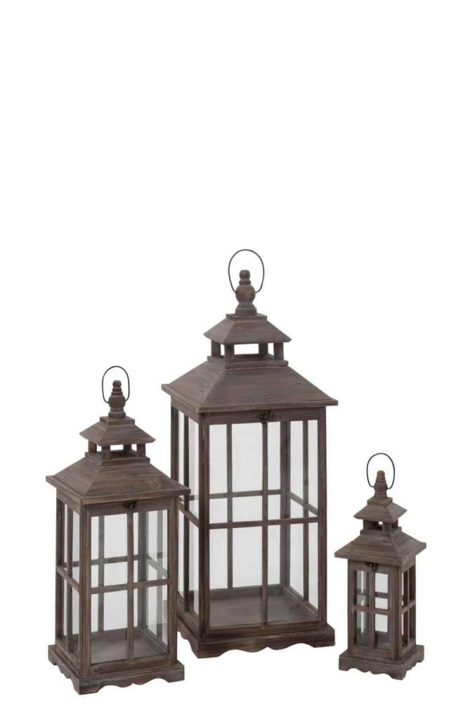 SET OF 3 LANTERNS WINDOW WOOD BROWN