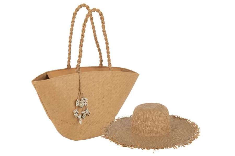 SET OF 2 BEACH BAG WITH SHELLS + HAT PAPER LIGHT BROWN