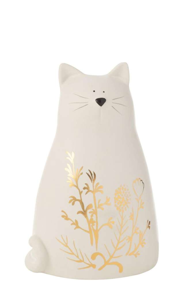 CAT FLOWER DRAWING PORCELAIN GOLD/WHITE