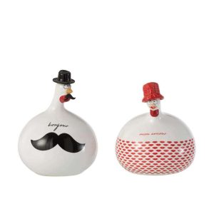 CHICKEN BONJOUR/MON AMOUR CERAMIC WHITE/RED/BLACK LARGE ASSORTMENT OF 2