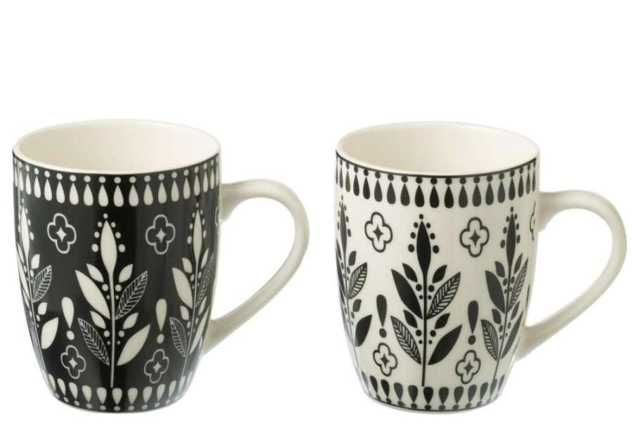 BOX OF 2 MUG LEAVES CERAMICS BLACK/WHITE