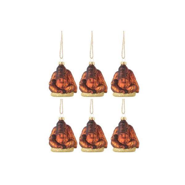 BOX OF 6 CHRISTMAS BAUBLES GORILLA GLASS BROWN
