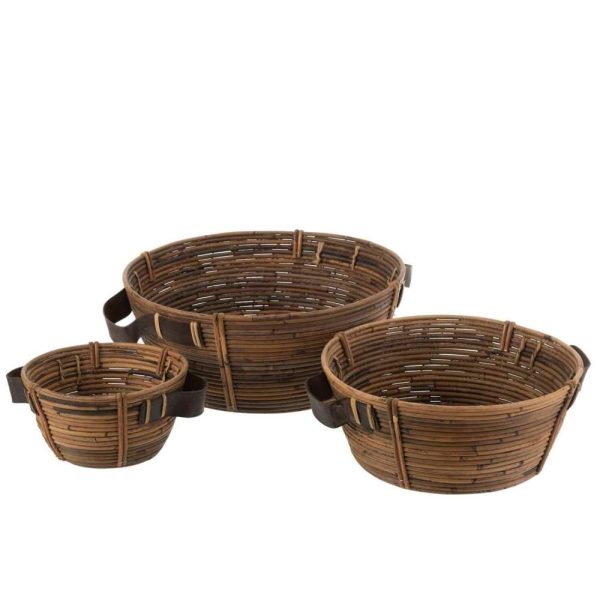 SET OF 3 DISHES + HANDLE RATTAN BROWN