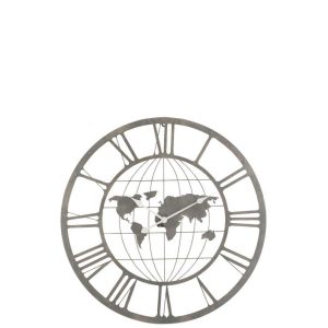 CLOCK ROMAN NUMERALS WORLD MAP METAL GREY