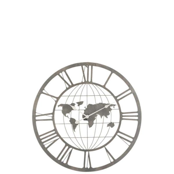 CLOCK ROMAN NUMERALS WORLD MAP METAL GREY