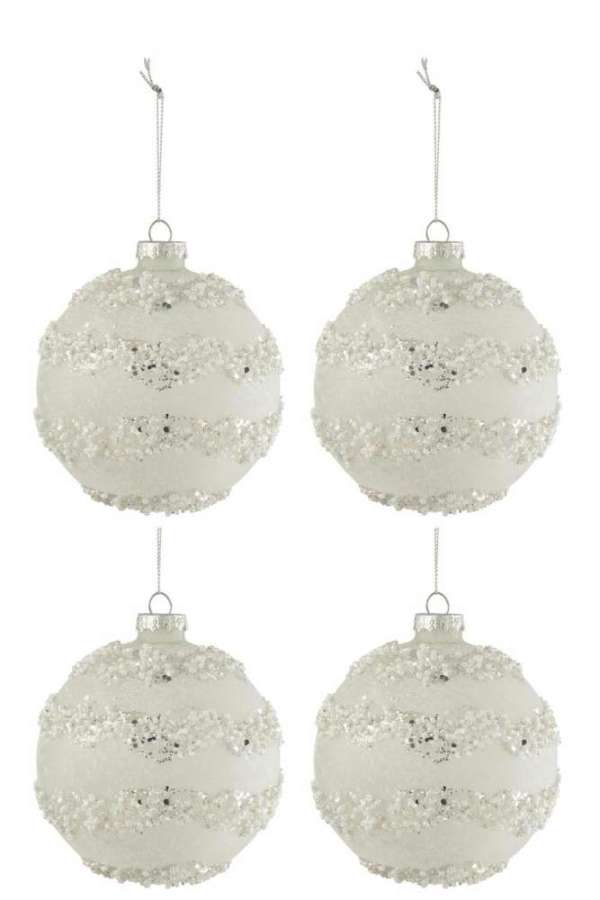 BOX OF 4 CHRISTMAS BAUBLES LINES GLITTER+PEARLS WHITE/SILVER GLASS MATTE WHITE MEDIUM
