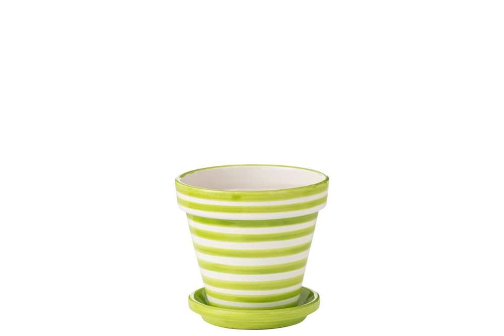 FLOWERPOT+PLATE GRANADA STRIPES HANDMADE/HANDPAINTED CERAMIC GREEN/WHITE MEDIUM