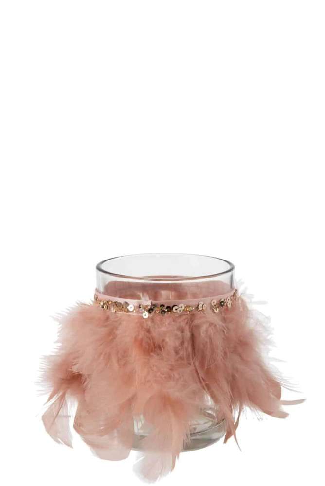 TEALIGHT HOLDER FEATHERS LIGHT PINK GLASS TRANSPARENT LARGE