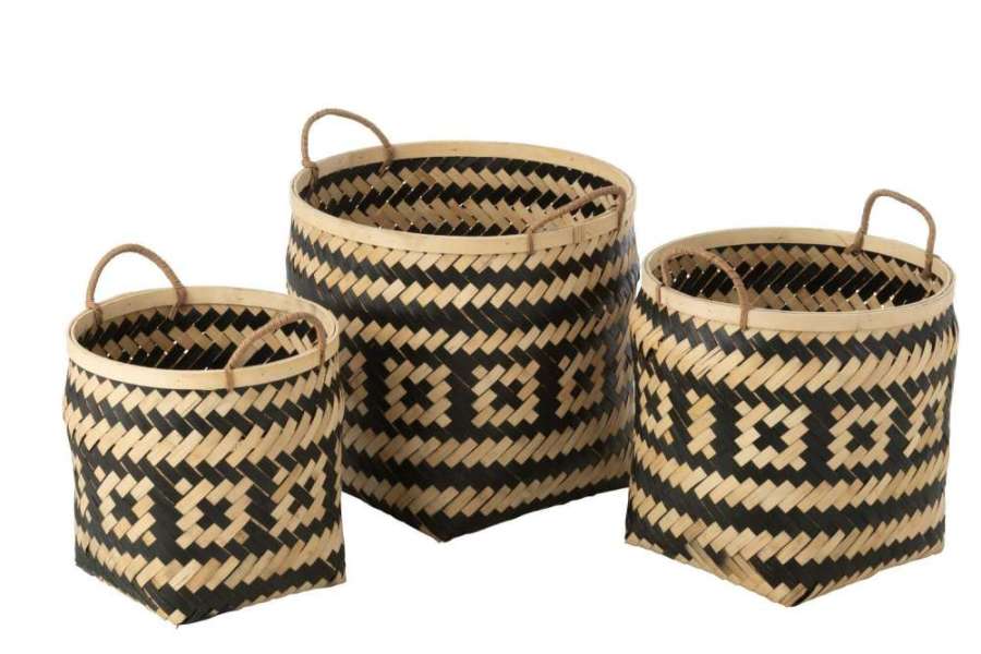 SET OF 3 BASKET PATTERNS HANDLES BAMBOO NATURAL/BLACK