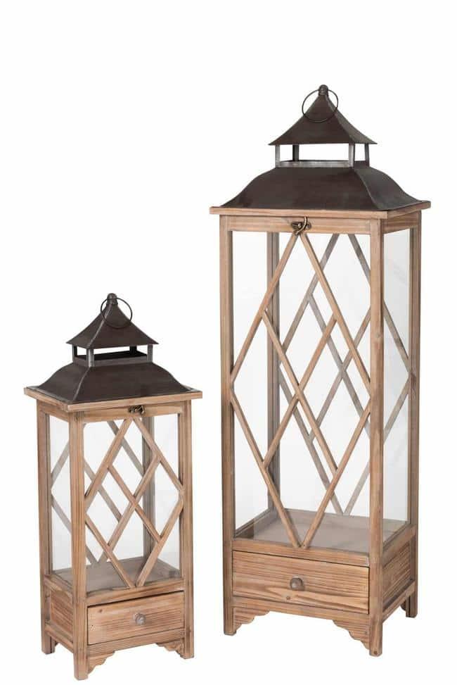 SET OF 2 LANTERN RHOMBUS SPRUCEWOOD/METAL LIGHT BROWN/BLACK