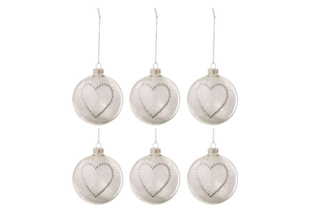 BOX OF 6 CHRISTMAS BAUBLES HEART STRASS SILVER FEATHER WHITE GLASS CLEAR SMALL