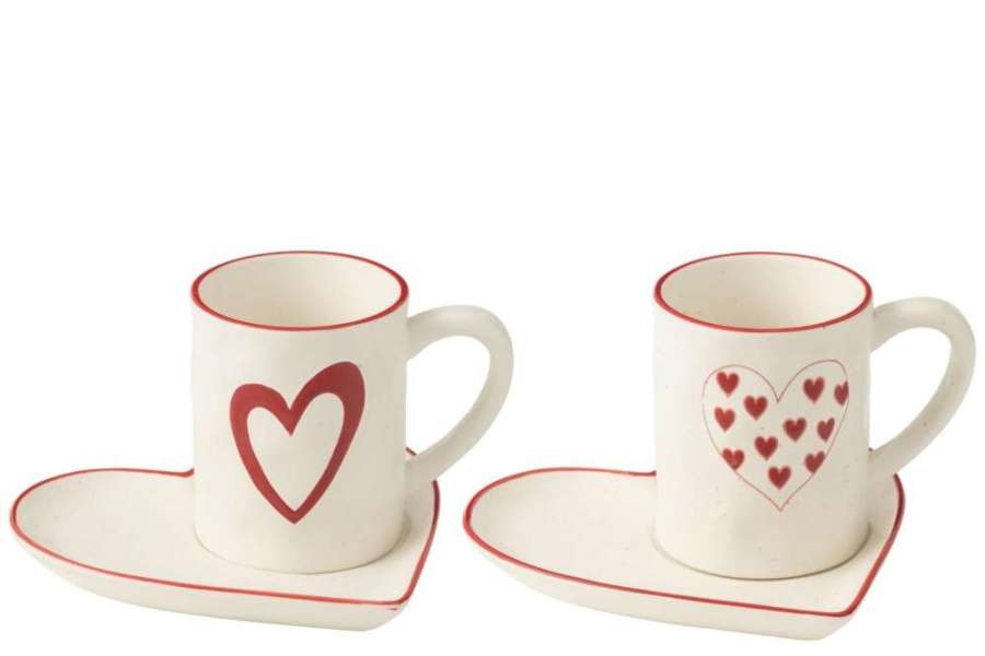 CUPS + SAUCER HEARTS PORCELAIN WHITE/RED ASSORTMENT OF 2