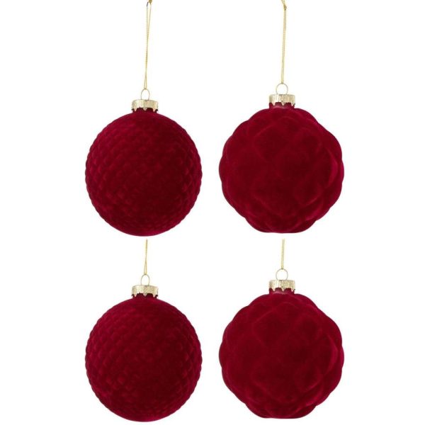 BOX OF 4 CHRISTMAS BAUBLE 2+2 VELVET RED LARGE