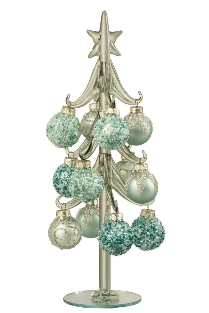 CHRISTMAS TREE + BALLS GLASS MINT GREEN/LIGHT BLUE LARGE