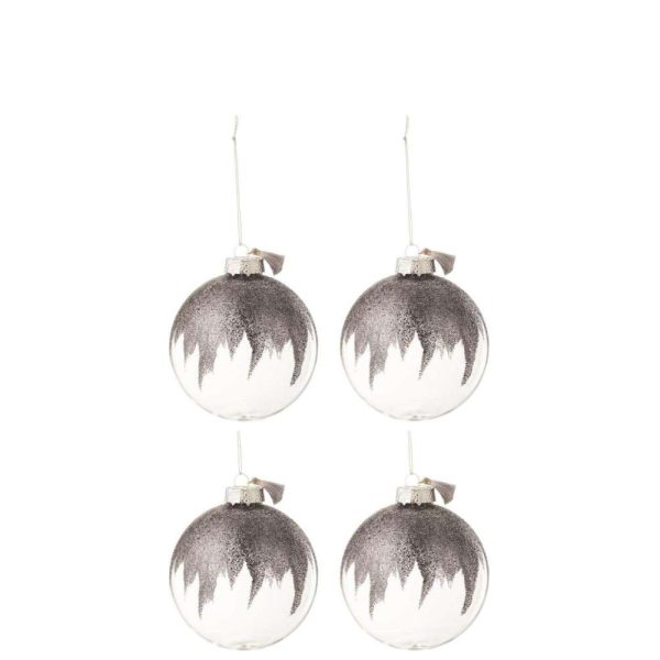 BOX OF 4 CHRISTMAS BAUBLES GLITTER MINI TASSEL GREY GLASS TRANSPARENT MEDIUM