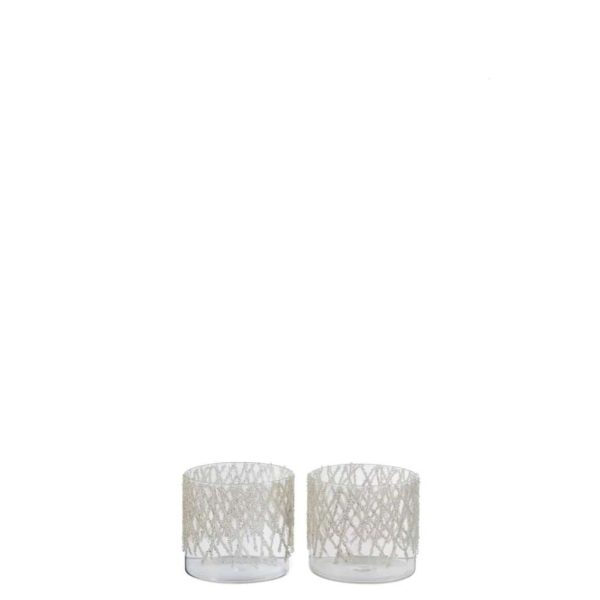 TEALIGHT HOLDER PEARL GLASS CLEAR+OPAL MEDIUM ASSORTMENT OF 2