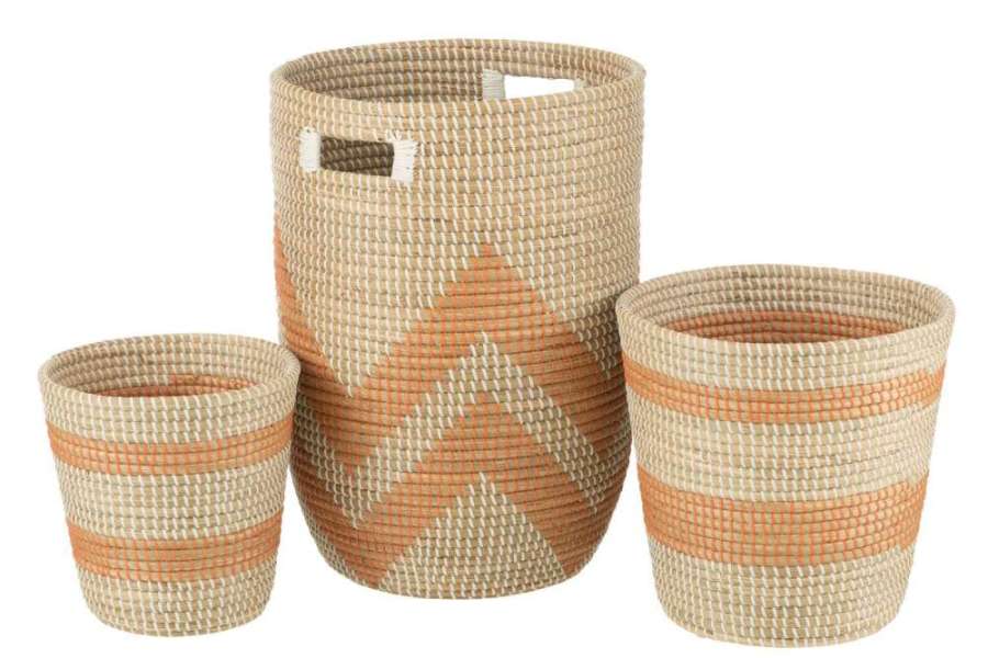 SET 3 BASKETS STRIPED SEAGRASS ORANGE