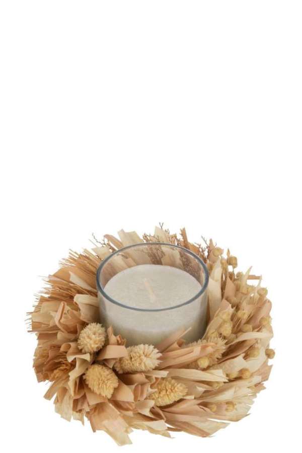 CANDLE FLOWERS ROUND GLASS WHITE/NATURAL 24H