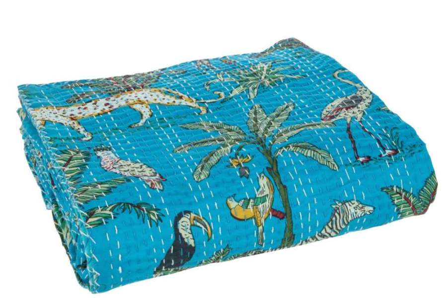 PLAID/BEACH MAT EXOTIC ANIMALS/PLANTS STITCHES COTTON BLUE LARGE