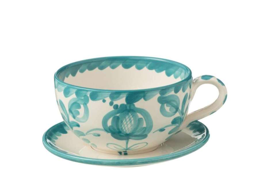 CUP+PLATE GRANADA CERAMIC WHITE/AQUA