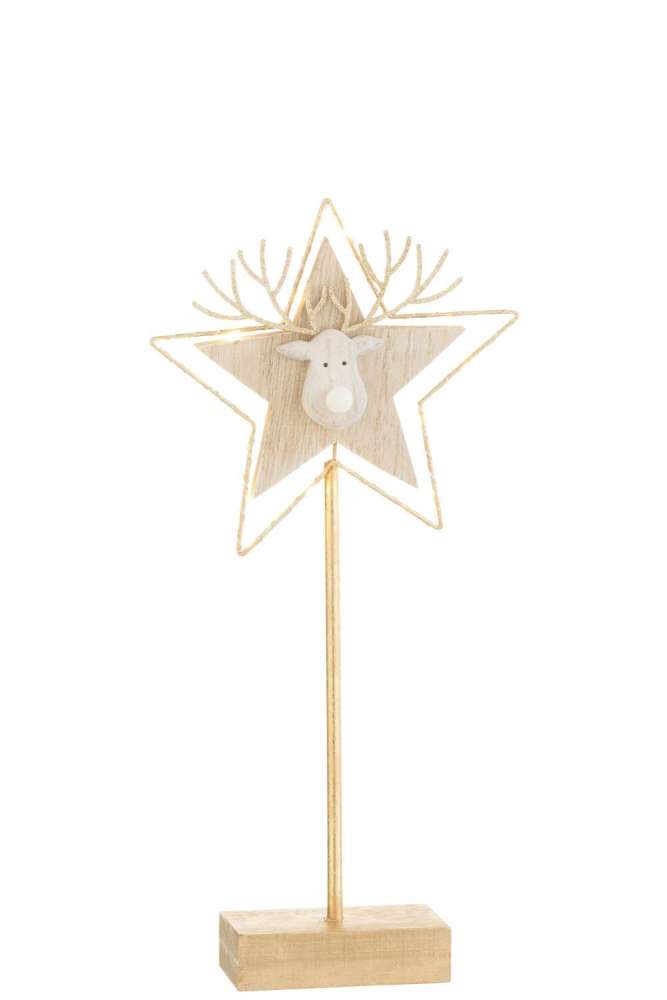 REINDEER/STAR ON FOOT+LED WOOD GOLD/WHITE SMALL