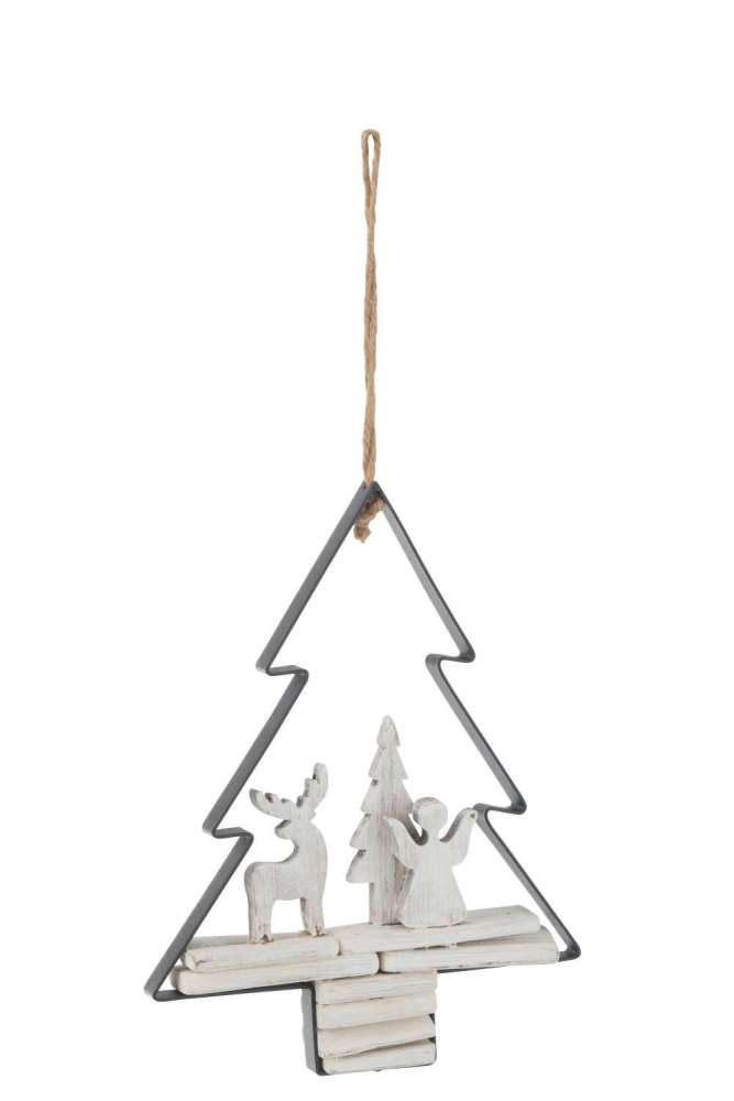 HANGER CHRISTMAS TREE+FIGURES WOOD/METAL WHITE