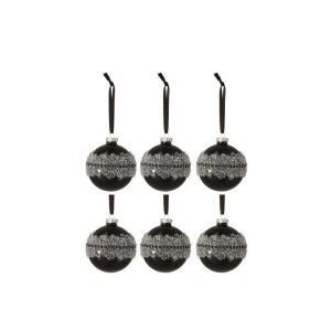 BOX OF 6 CHRISTMAS BAUBLES SUGAR MIDDLE DIAMONDS LINE GLASS MATTE BLACK SMALL