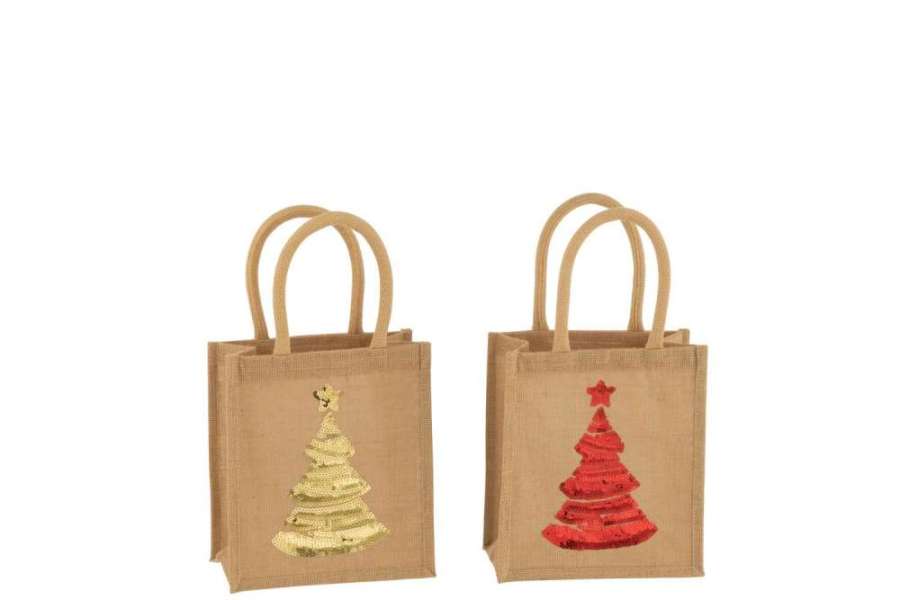 BAG CHRISTMAS TREE SEQUIN JUTE NATURAL ASSORTMENT OF 2