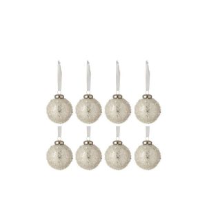 BOX OF 8 CHRISTMAS BAUBLES PEARL GLASS WHITE/SILVER SMALL