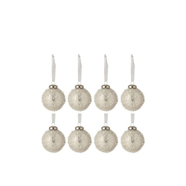 BOX OF 8 CHRISTMAS BAUBLES PEARL GLASS WHITE/SILVER SMALL