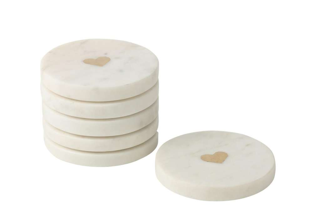 SET OF 6 COASTER HEART MARBLE WHITE