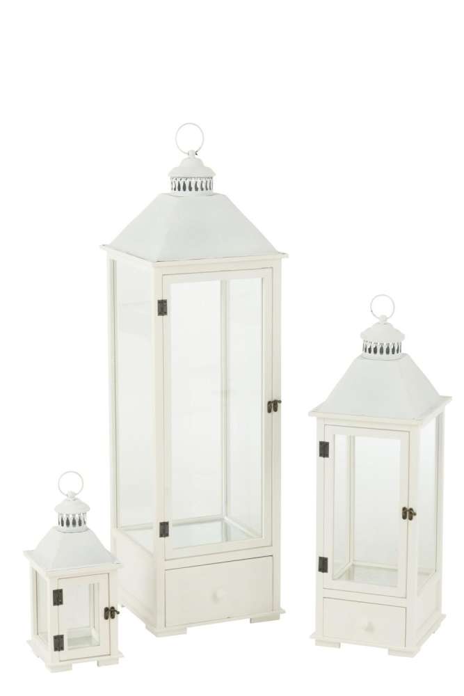 SET OF 3 LANTERNS TOWERS FIR WOOD/METAL WHITE