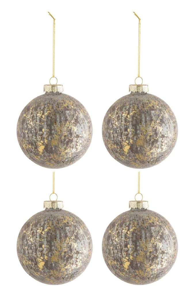 BOX OF 4 CHRISTMAS BAUBLES VELVET GLASS ANTIQUE GREY/GOLD MEDIUM
