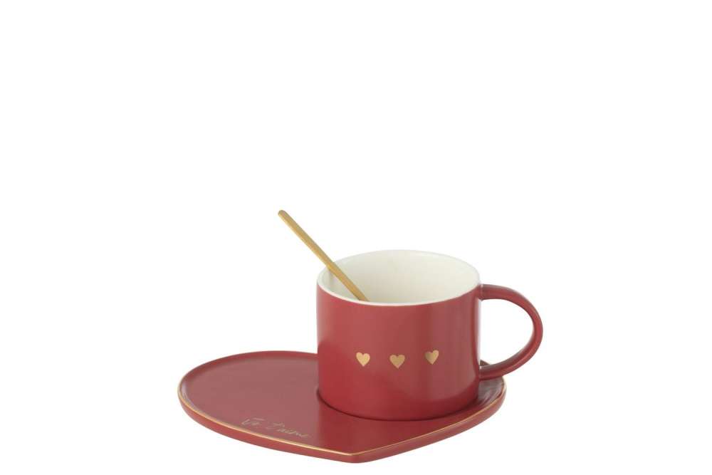MUG+SAUCER+SPOON 3HEART CERAMIC RED